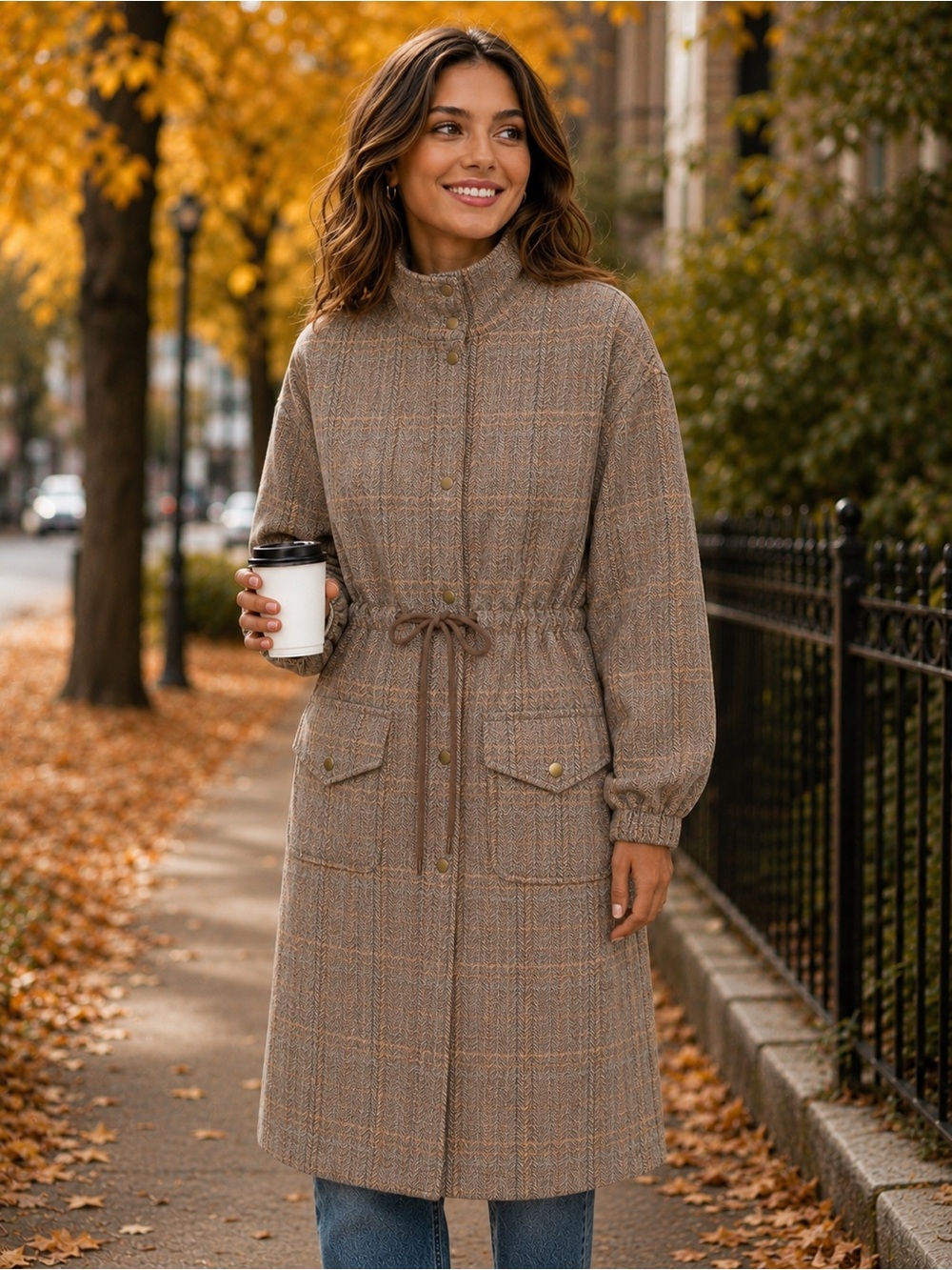 NWT Sage The Label Wool Blend Herringbone Drawstring Waist High Collar Coat